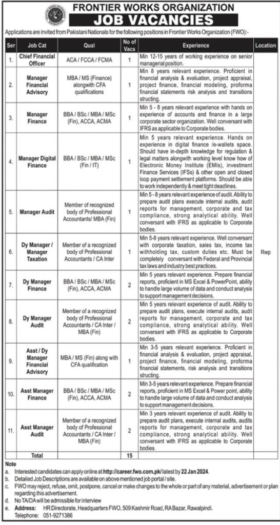 FWO (Frontier Works Organization)Jobs 2024 Online Apply